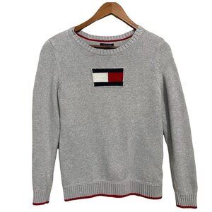 Tommy Hilfiger Women's Gray Chunky Y2K Embroidered Logo Ribbed Sweater Medium